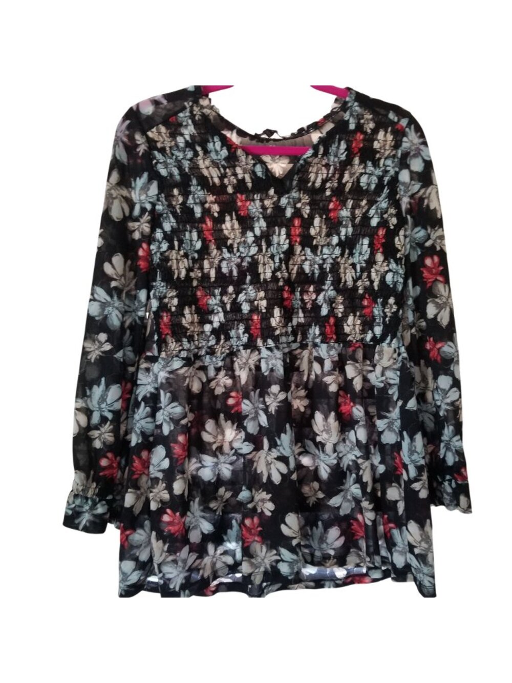Lane Bryant Floral Smocked Long-Sleeve Tunic Top Size 14/16 Black Multi-Color